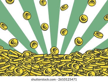 Vector illustration of a green radiation background and falling pile of euro coins.