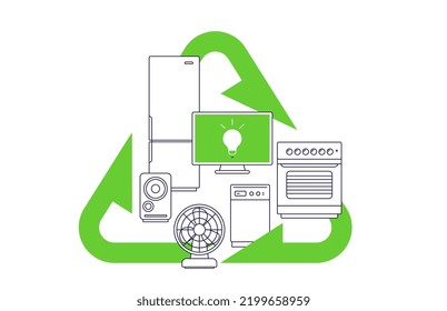 Vector illustration of green recycle sign with black color different appliance on white background. Line art style design eco friendly home appliance set for web, site, banner, print, poster