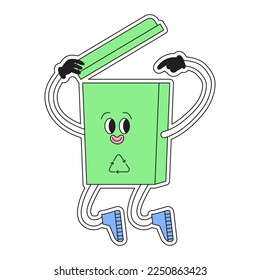 Vector illustration of green recycling bin cartoon character with antropomorphic face hands and legs for sticker pack. Reusable and sustainable lifestyle funny 90s 80s comic vector illustration.