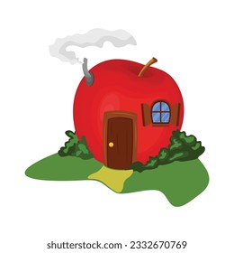 Vector illustration of green or red apple fairytale house in cartoon style. Cartoon forest fairytale or houses. Magic fairy tale characters, fantasy plants and vegetables buildings vector illustration