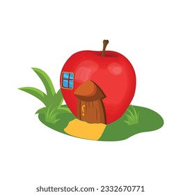 Vector illustration of green or red apple fairytale house in cartoon style. Cartoon forest fairytale or houses. Magic fairy tale characters, fantasy plants and vegetables buildings vector illustration