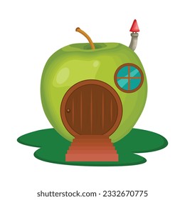 Vector illustration of green or red apple fairytale house in cartoon style. Cartoon forest fairytale or houses. Magic fairy tale characters, fantasy plants and vegetables buildings vector illustration