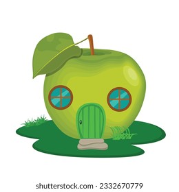 Vector illustration of green or red apple fairytale house in cartoon style. Cartoon forest fairytale or houses. Magic fairy tale characters, fantasy plants and vegetables buildings vector illustration