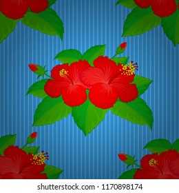 Vector illustration. Green, red and blue hibiscus flowers seamless pattern.