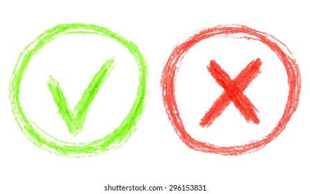 Vector illustration with green and red hand drawn grungy checkmark