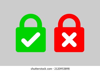 Vector illustration of green and red security padlock icon with white check mark on gray background.