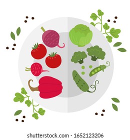 Vector illustration of green and red vegetables on the plat. Flat style.