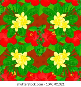 Vector illustration of green, red and yellow flowers. Seamless pattern with flowers on motley background.