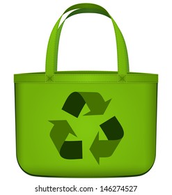 Vector Illustration Of Green Reusable Shopping Bag With Recycling Symbol. Reusable Bag With Realistic Shadow. 3D Green Recycle Bag. Green Consent. Bag Isolated On White.