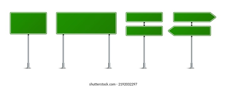 Vector illustration of green road signs isolated on white background. Set of traffic signs with place for text. Collection of realistic blank traffic control signs on metal poles. 
