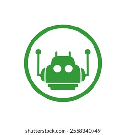 Vector illustration of green robot head icon logo in circle. Represents technology, robotics and automation themes. Suitable for designs related to technology and innovative concepts.