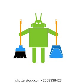 Vector illustration of a green robot holding a broom and dustpan, isolated on a white background. Symbolizing advanced cleaning technology and innovative robotic home care solutions.