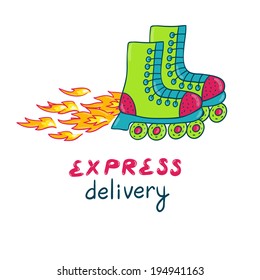 Vector illustration of green roller skates with flame. Hand drawing card with text "express delivery"