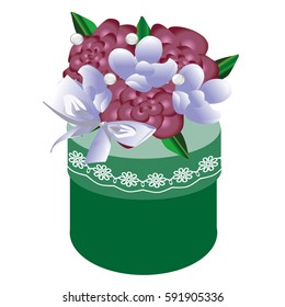 Vector illustration of a green round gift box with a flower arrangement on the top