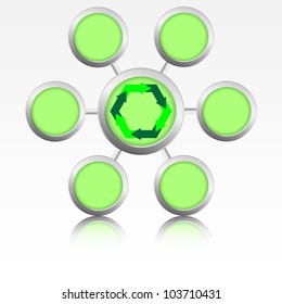 Vector illustration of green rounded logo with arrows inside and reflexion.