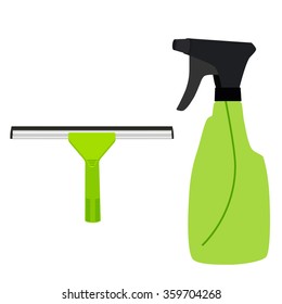 Vector illustration green rubber window glass squeegee, cleaner and bottle with spray. Cleaning supplies