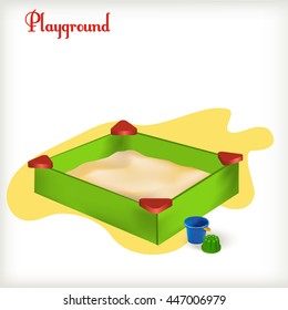 Vector illustration. Green sandbox full of sand with toys