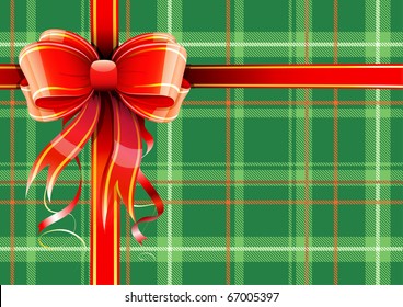 Vector Illustration Of Green Scottish Plaid Gift Wrapping With Red Ribbon And Bow