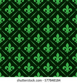 Vector illustration green seamless background with lily (fleur de lis) for print fabric or  poster