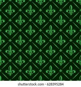 Vector illustration green seamless background with lily (fleur de lis) for print fabric or  poster