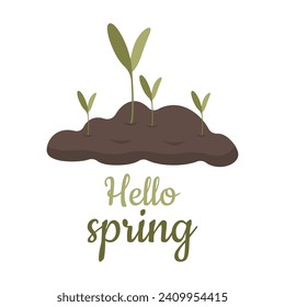 Ilustración vectorial de la plántula verde en el suelo. Hola primavera.