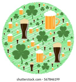 Vector illustration of green shamrocks and beer in circle for St. Patrick's day