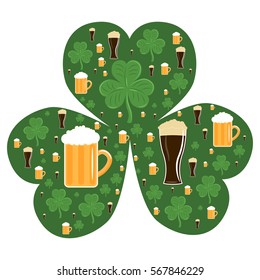 Vector illustration of green shamrocks and beer in big shamrock for St. Patrick's day