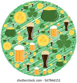 Vector illustration of green shamrocks gold pots coins and beer in circle for St. Patrick's day