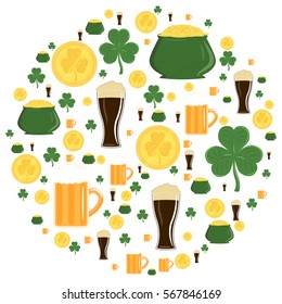 Vector illustration of green shamrocks gold pots coins and beer in circle for St. Patrick's day