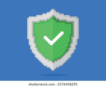 Vector illustration of a green shield with a white check mark inside. Properly functioning system security. Pixel art icon. Blue background.