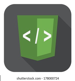 vector illustration of green shield with xml programming language markup tags, isolated web site development icon on white background