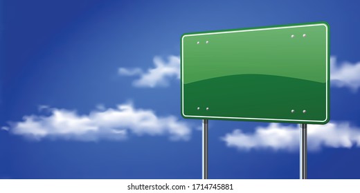 Vector illustration of green sign isolated on blue sky with clouds. 