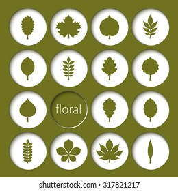 Vector illustration: green silhouettes of tree leaves (elm, beech, ash, linden, birch, alder, maple,  poplar, rowan, oak, acacia, chestnut etc.) in concave white circles isolated on green background