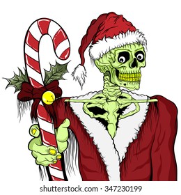 Vector illustration of a green skeleton dressed up as Santa Clause holding a big candy cane.