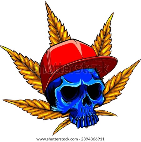 Vector illustration green Skull with yellow hat and marijuana leaves on the background.