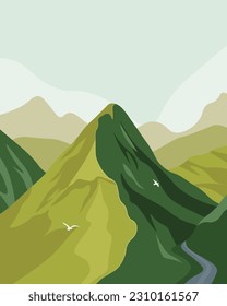 Vector illustration. Green slopes of mountains. Design for poster, cover, travel postcard design, travel guide cover. Tourism, natural diversity.