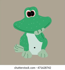 Vector illustration of a green smiling frog on a gray background