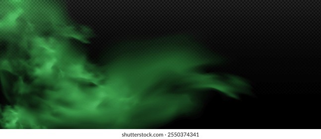Vector illustration of green smoke on transparent black background. Unpleasant smell, toxic gas, magic fog or poisonous cloud. Realistic dust of foul steam, smoke from chemical waste.