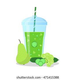 Vector illustration of green smoothie with cucumber, kiwi and grapes. Wellness and healthy lifestyle.