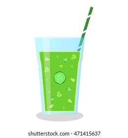 Vector illustration of green smoothie with pineapple, cucumber, kiwi and grapes. Wellness and healthy lifestyle.