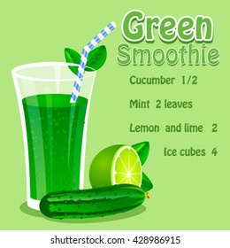 Vector illustration of Green Smoothie recipe with ingredients. Template for restaurant or cafe menu.