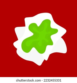 Vector illustration of green snot on a tissue on a red background. Nasal discharge.