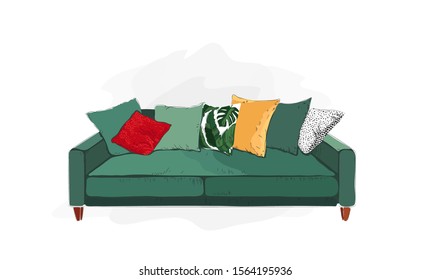 Vector illustration of green sofa isolated on white background.