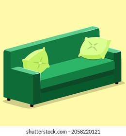  vector illustration green sofa with pillows.green. natural color.interior sofa. green seat with pillow. double seat. green pillow.comfy.furniture.interior.
