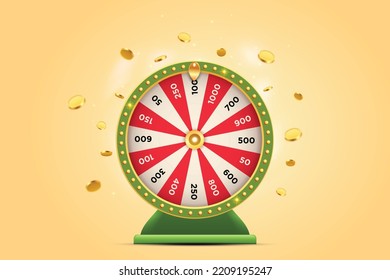 Vector illustration of green spinning fortune wheel with golden flying coins on yellow background. Realistic 3d lucky roulette.