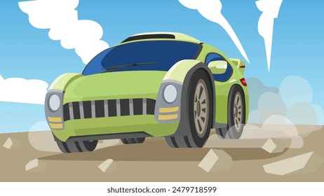 Vector illustration of a green sport rally car race on the gound. Driving at high speed and dust shoots out from the car wheels. open land area under blue sky and white clouds.