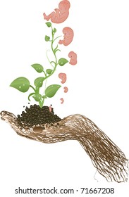 Vector illustration green sprouts, stages of development of the child on a hand