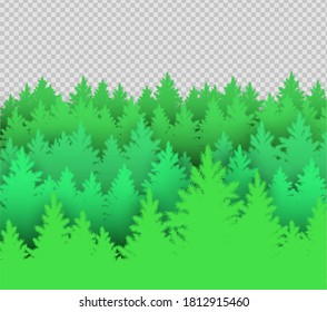 Vector illustration of green spruce forest landscape silhouette on transparency background.
