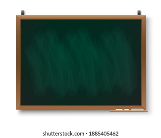 Ilustración vectorial de pizarra cuadrada verde con marco de madera con trozo de tiza y sombra aislada sobre fondo blanco.