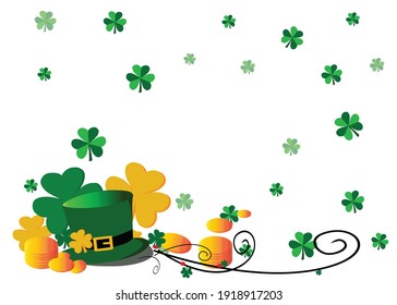 Vector Illustration of green St. Patrick's Day hat,  green shamrocks and golden coins.
